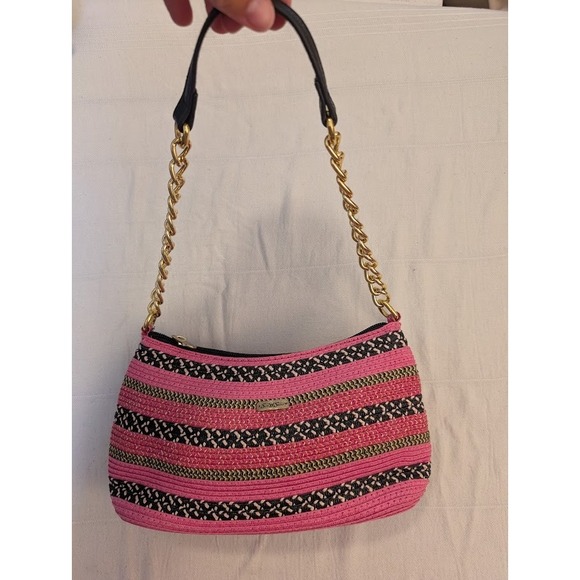 Sun N Sand Pink Straw Woven Shoulder Bag Gold Chain‎ Strap Purse - Picture 1 of 8